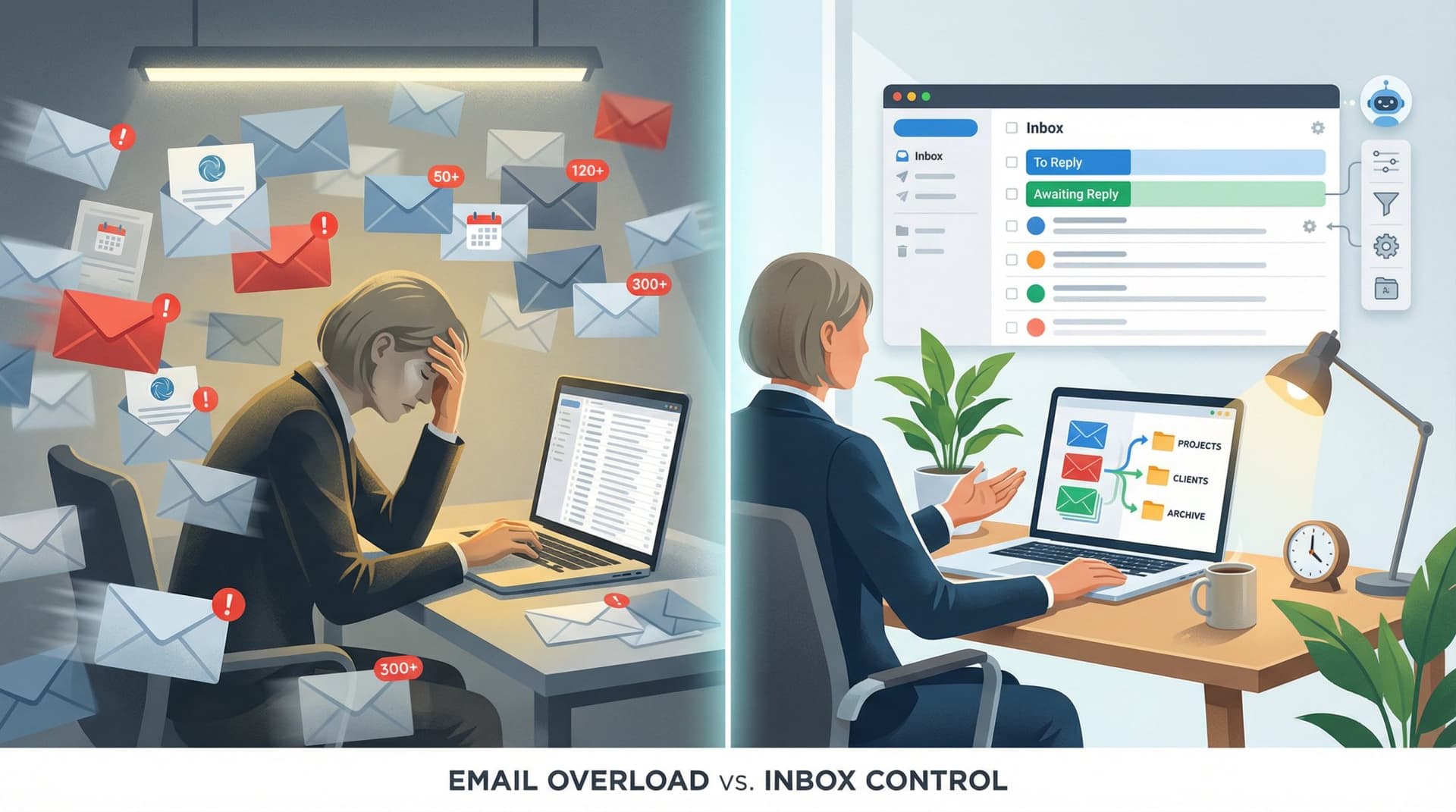 Split-screen editorial illustration showing email chaos on left transforming to organized calm on right